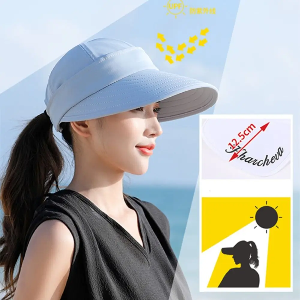 Women Adjustable UV Protection Sun Hat Summer Sun Hat Casual Foldable Wide Brim Detachable Empty Top Ponytail Cap