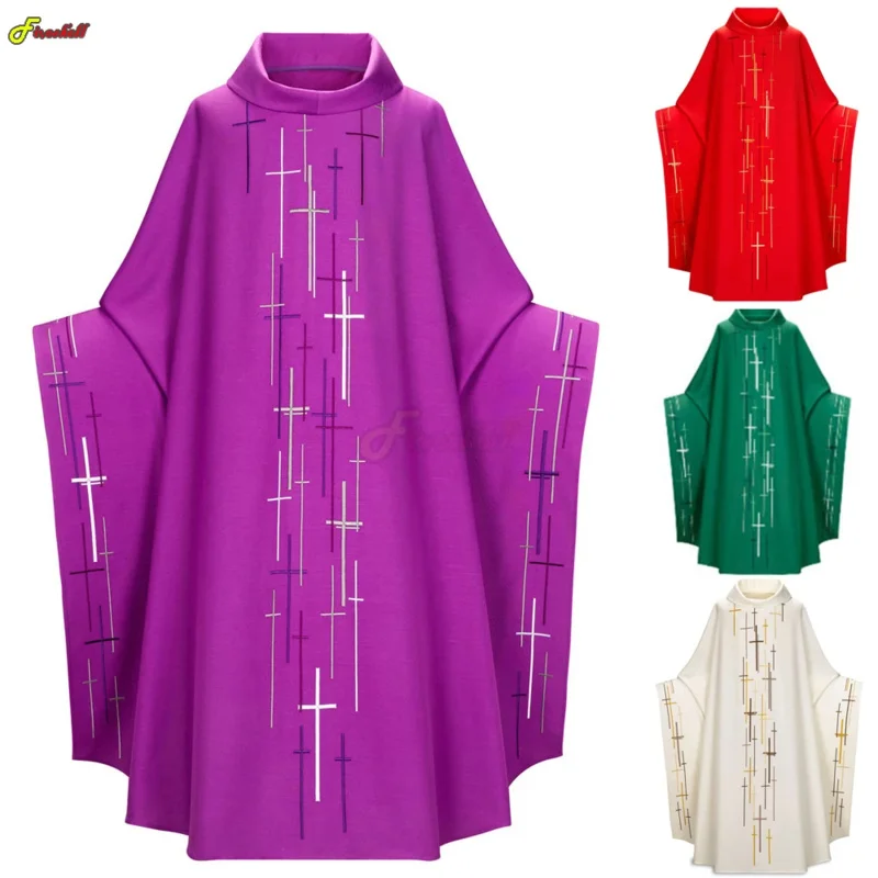 Men Women Medieval Retro Priest Monk Long Gown Cosplay Costume Cross Print Muslim Missionary Cloak Cape Halloween Party Robe MS2