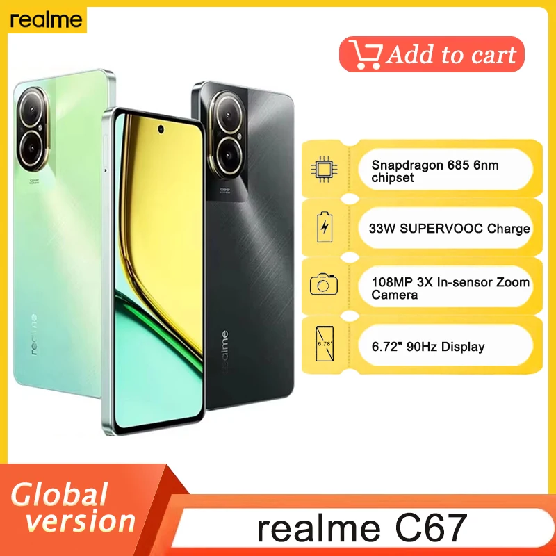 New realme C67 108MP AI Camera 6,72'' 90Hz Display 33W SUPERVOOC Charge 5000mAh Battery Snapdragon 685 6nm Chipset