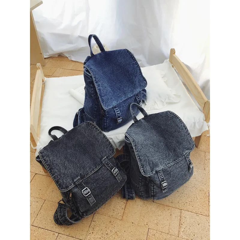 Vintage Denim Backpack For Women Casual Flap Pocket Rucksack With Belt Buckle Retro Blue Jean School Book Bag For Travel & Daily view 4