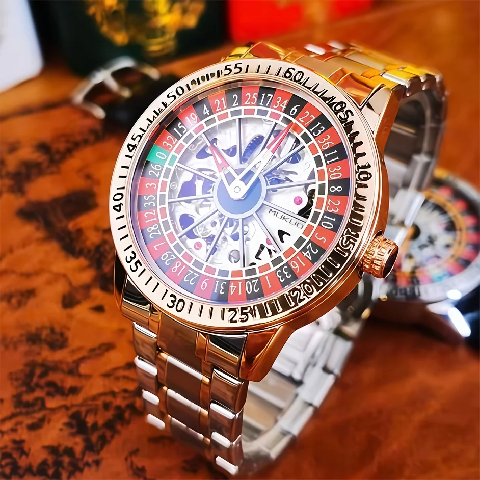 

Мужские автоматические механические часы с вращающимся циферблатом, стильные и модные, подарок для парня, на Рождество, праздничный подарок (с регулятором длины ремешка)