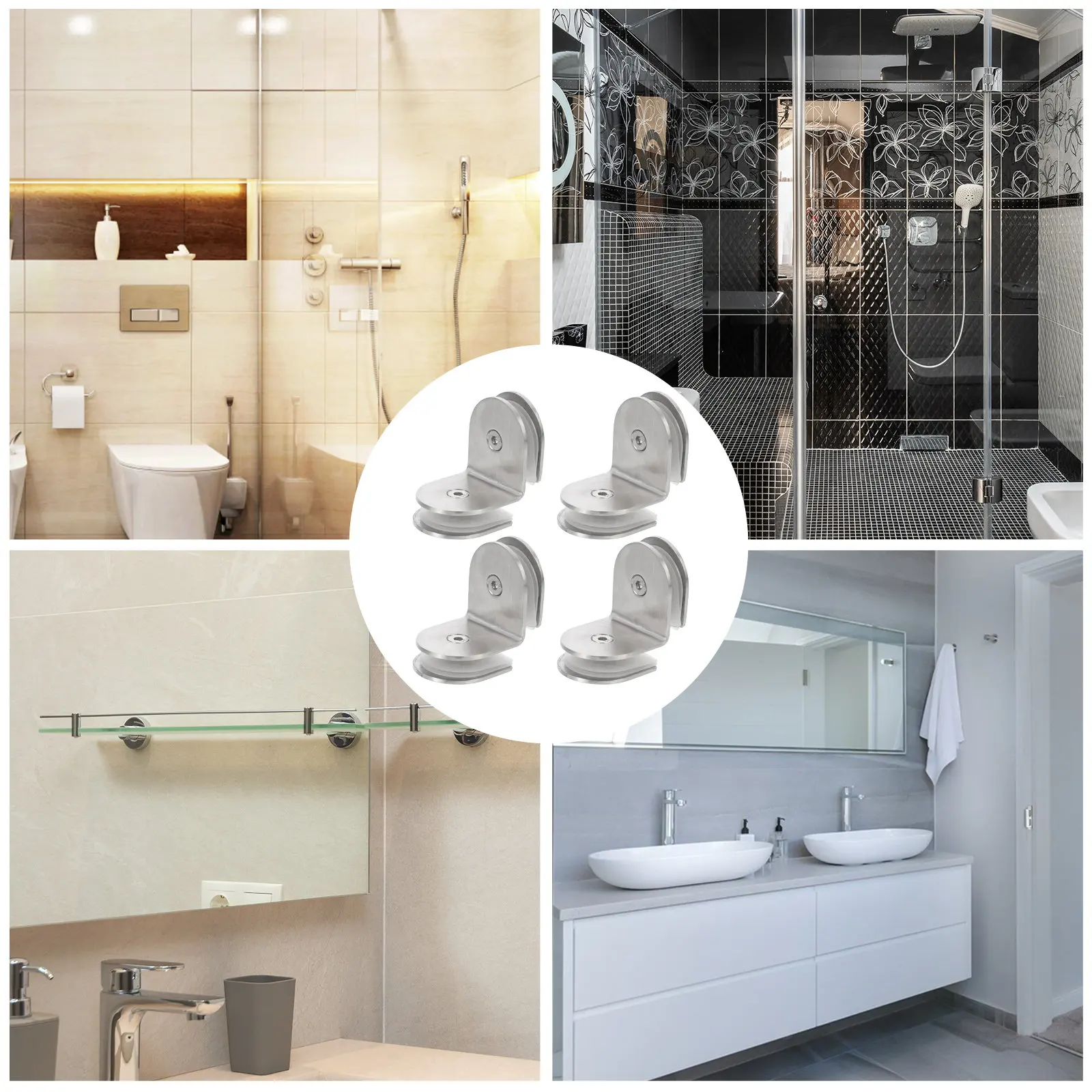 

Комплект из 4 черных двусторонних зажимов для стекла, сверхпрочные, настенные, из нержавеющей стали, для ванной комнаты, для стекла под углом 90 градусов