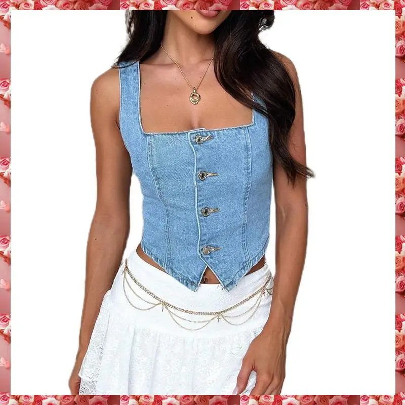 Feminino denim colheita colete y2k botão para baixo sem mangas colheita topo jean tanque superior magro sem costas espartilho topo smocking colete