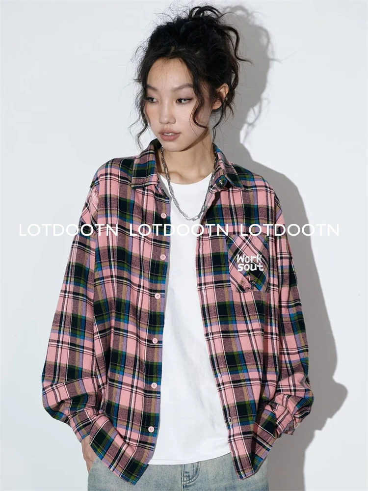 LOTDOOTN Women Vintage Long Sleeve Shirt Korean Oversized Plaid Shirt Autumn Winter Fashion Loose Lapel Pocket Shirt Embroidery