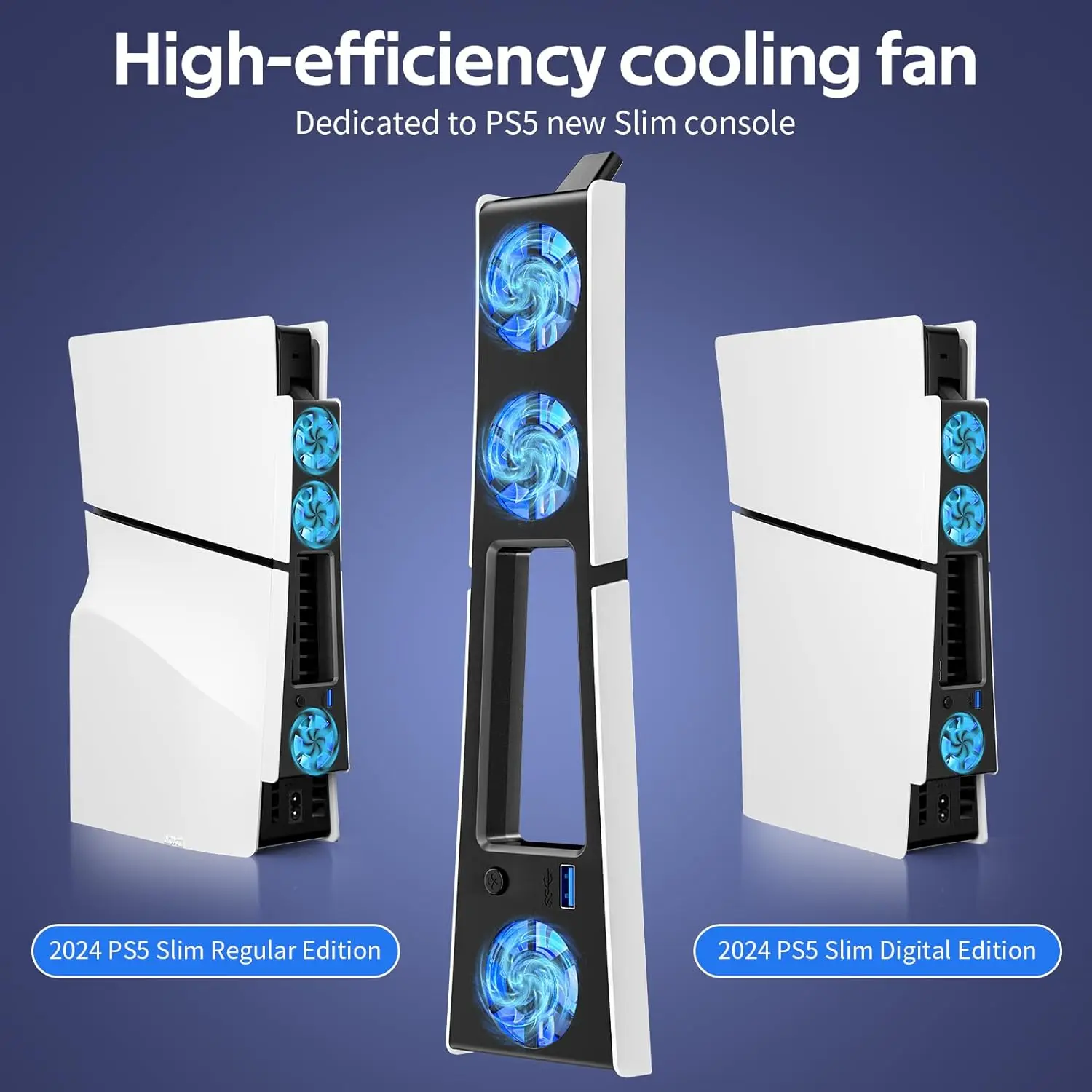 Cooling Fan for PS5 Slim Console Super Quiet Cooling Station Fans with LED Lights USB 3.0 Port for PS5 Slim Disc/Digital Edition