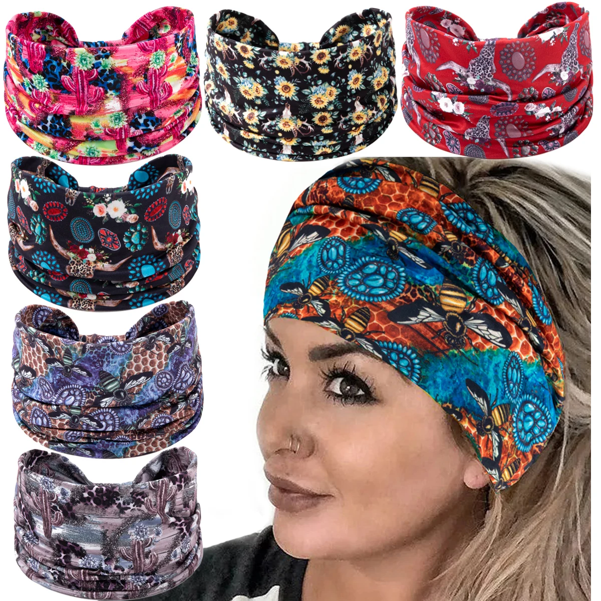 

Boho Headbands Knotted Head Bands Flower Turban Head Wraps Stretchy Hair Bands Yoga Workout Sweatbands Non-slip Head Scarf