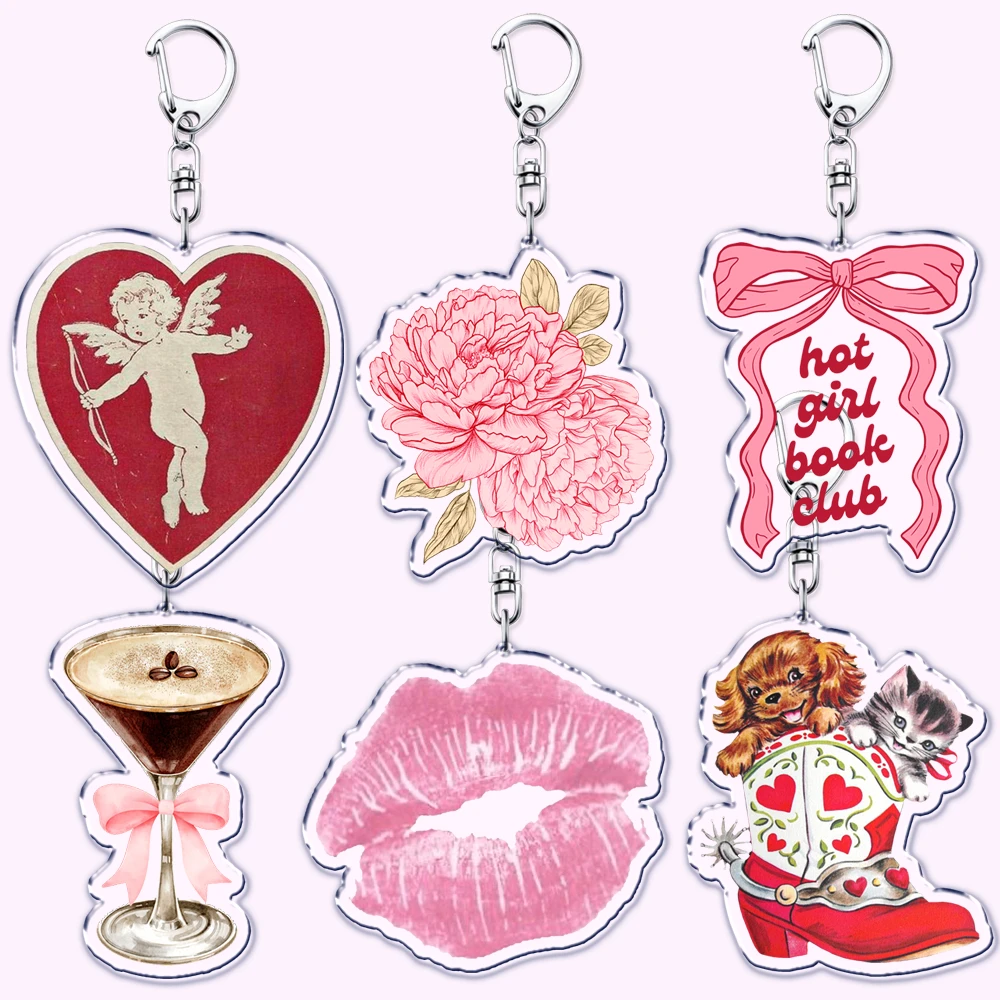 Aesthetic Coquette Pink Keychains for Womens Accessories Ribbon Hot Girl Book Club Bow Flowers Keyrings Friends Lovers Gifts
