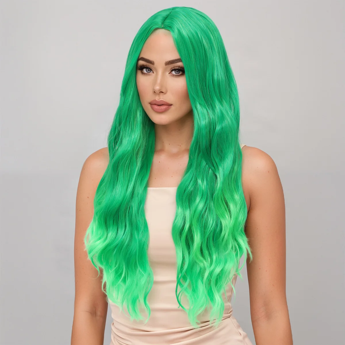 New Wig Women's Big Wave Long Hair Cover Korean Version Green Instant Noodles Head-Synthetic fiber wig
