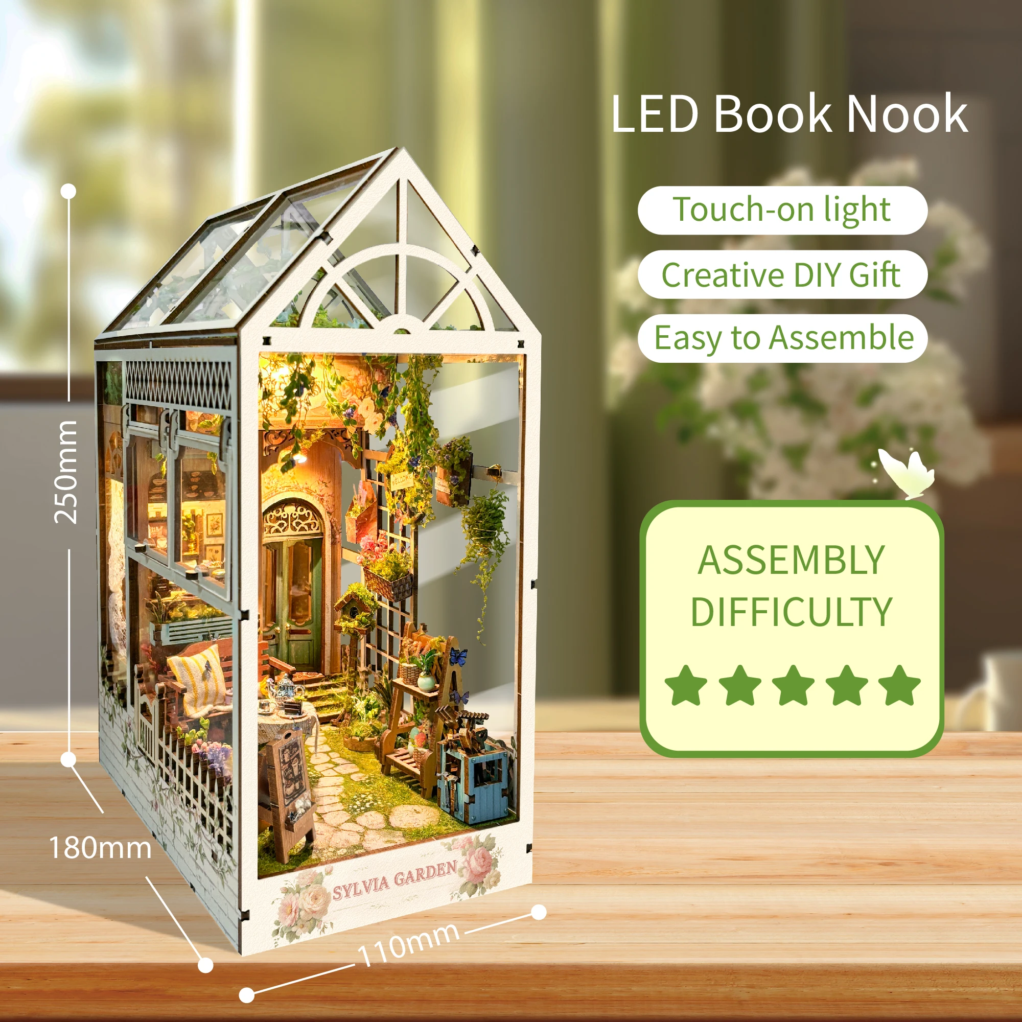 Fai da te Book Nook Kit modello in miniatura in legno cameron Garden Bookend assemblato 3D Puzzle Light Bookshelf Home Decor amici regali