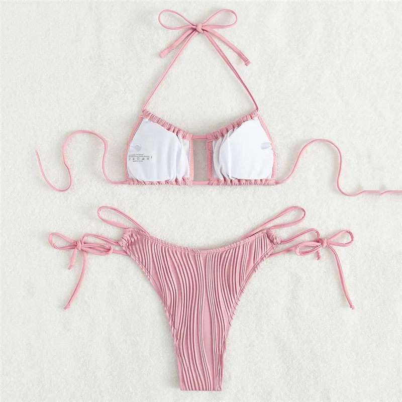 Set Bikini pakaian renang Mini Halter mikro merah muda seksi pakaian renang kerut tali wanita pakaian mandi Lace-up Bikini renang