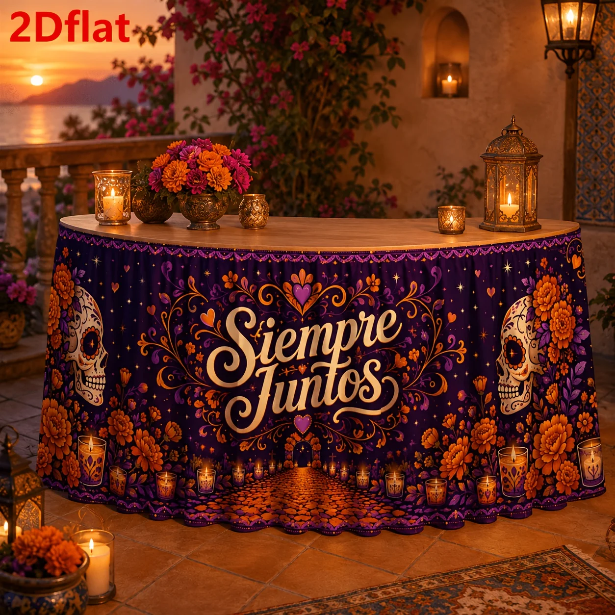 1 tablecloth table skirt set, candy skull, yellow flower sunflower candle, mourning day, Mexican holiday tablecloth decoration