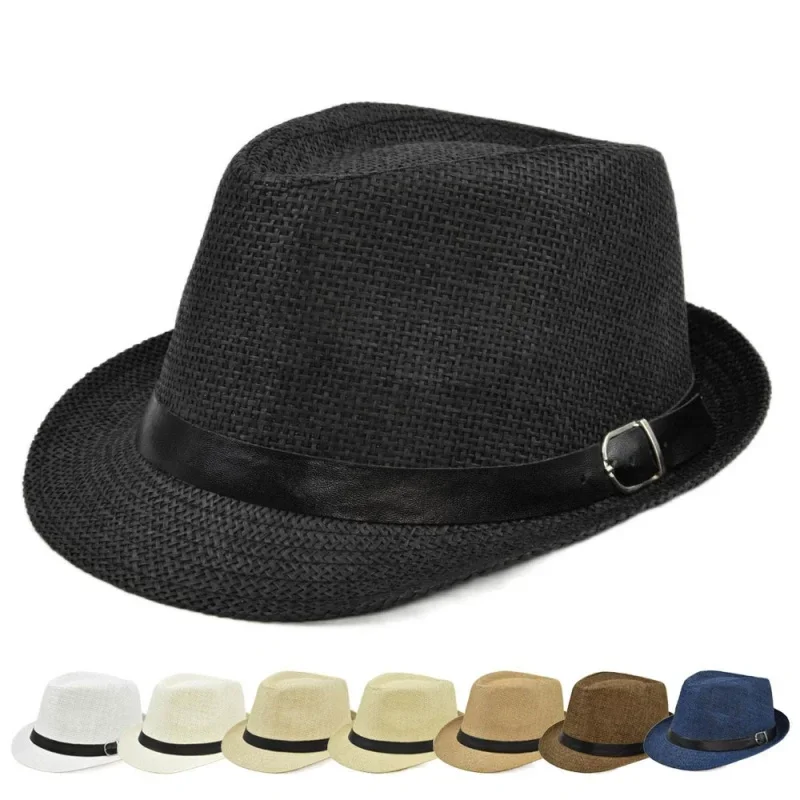 Fashion Simple Beach Sun Cap Summer Wide Brim Straw Panama Cap Casual Jazz Dress Hat Cowboy Fedora Hat Gangster Cap Unisex