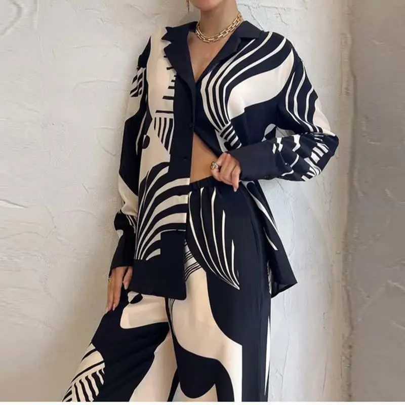 Casual Print Shirt Women 2 Piece Set Elegant Loose Long Sleeve Shirts Wide Leg Pants Female Suit 2023 Summer Fashion Lady Outfit