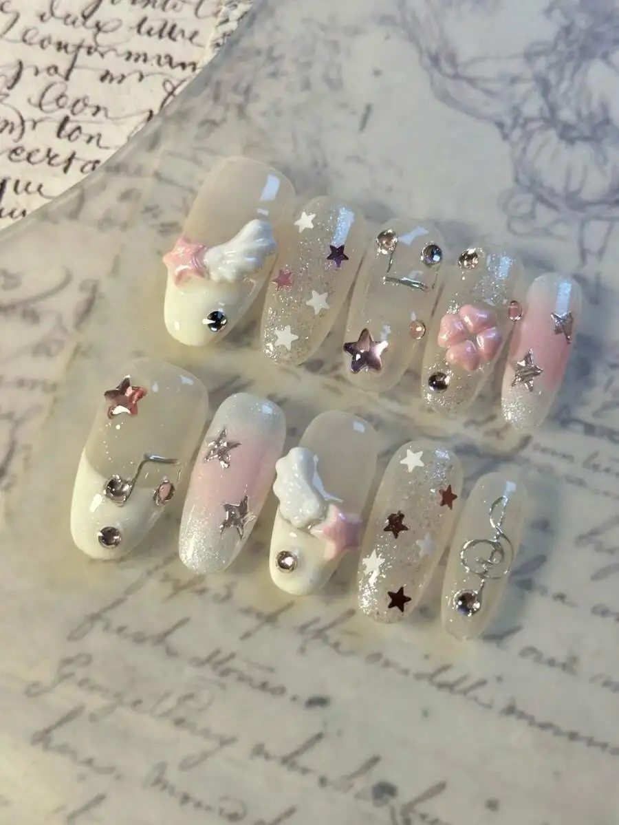 

Dreamy And Romantic Japanese Lolita Style, Elegant French Manicure, 10pcs Medium Oval Nail Stickers, Gradient Pink Color, Some N