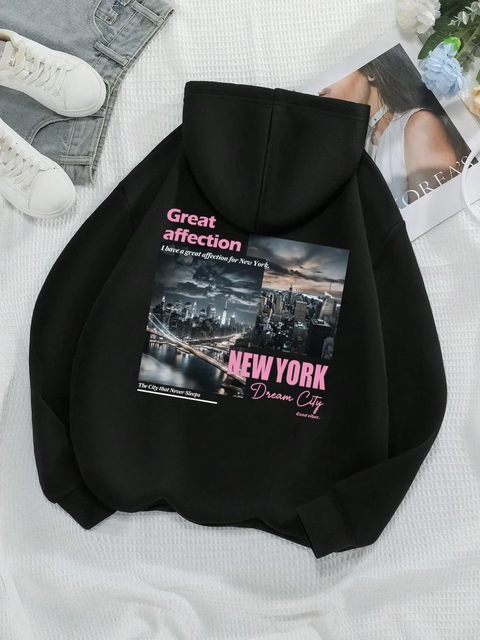 Men\'s and women\'s New York City of Dreams printed hooded sweatshirts fashionable casual sweatshirts warm wool pocket sweatshirts