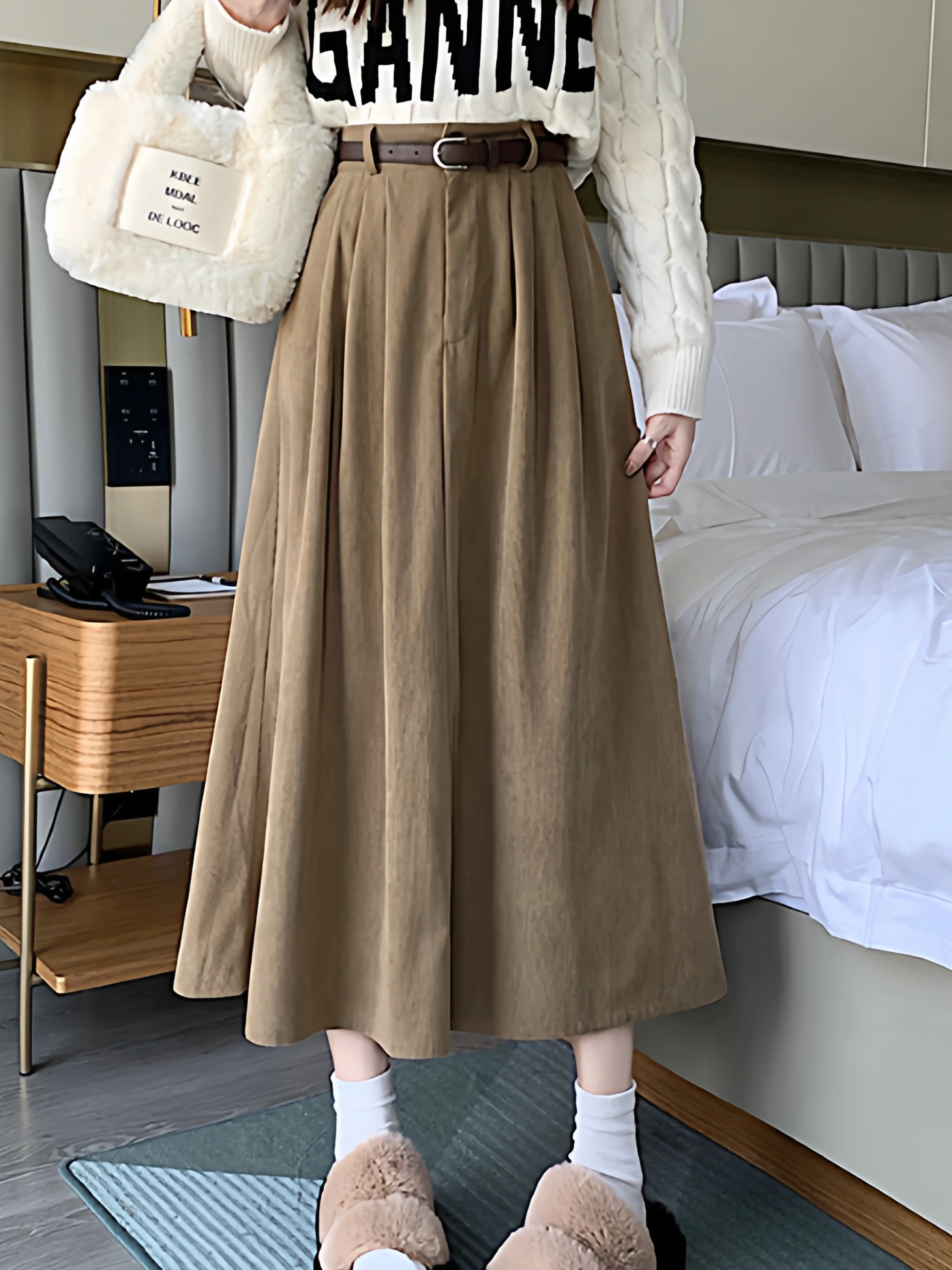 

Женская повседневная шерстяная юбка миди больших размеров (до 136 кг), однотонная, с высокой талией, А-силуэт, для фигуры типа «груша»