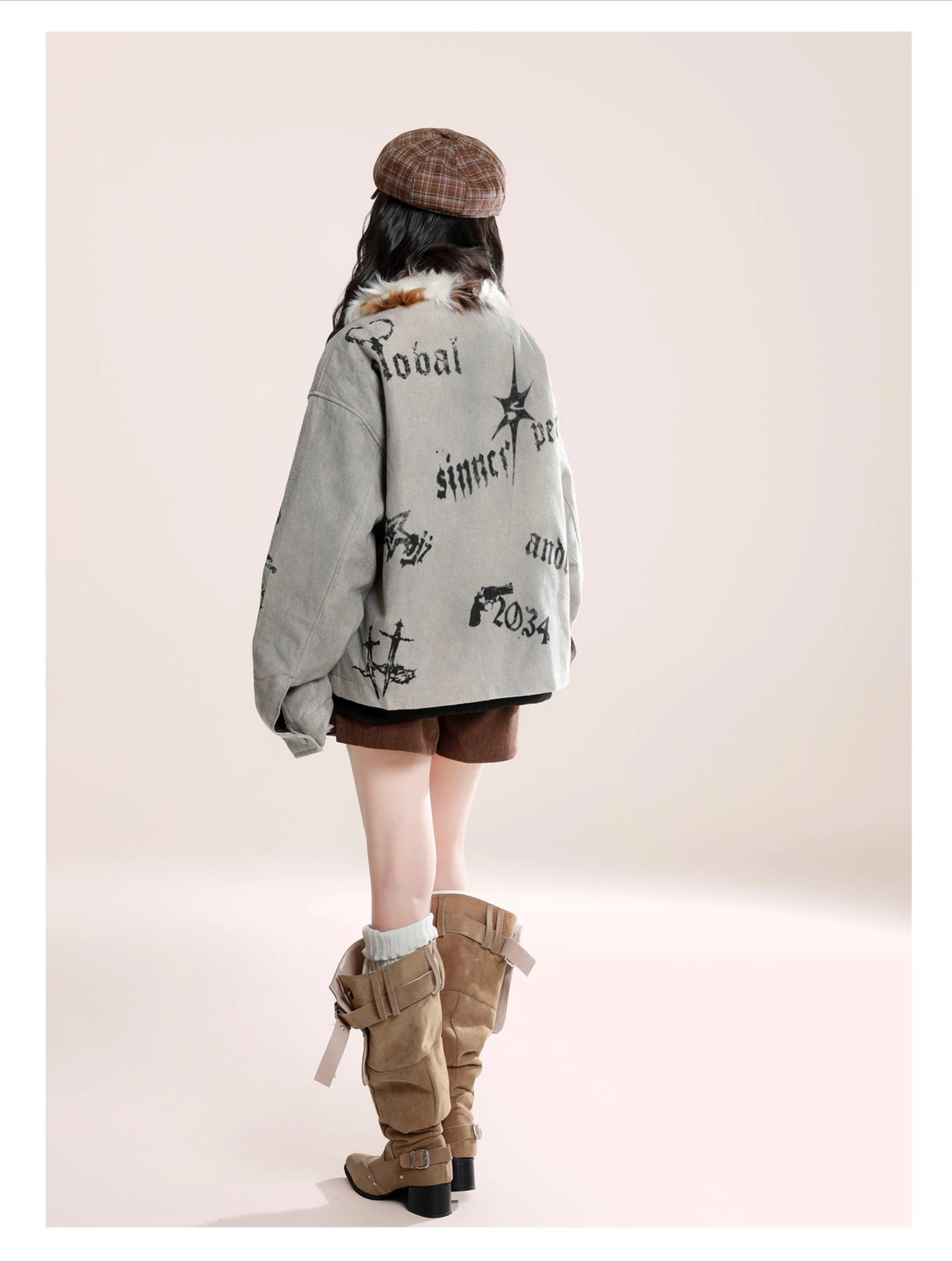 خريف شتاء جديد الأمريكية الرجعية المرأة الشرير القوطية طباعة فضفاضة عادية الأصفر الفراء طوق وسادة مبطنة السراويل البني #3