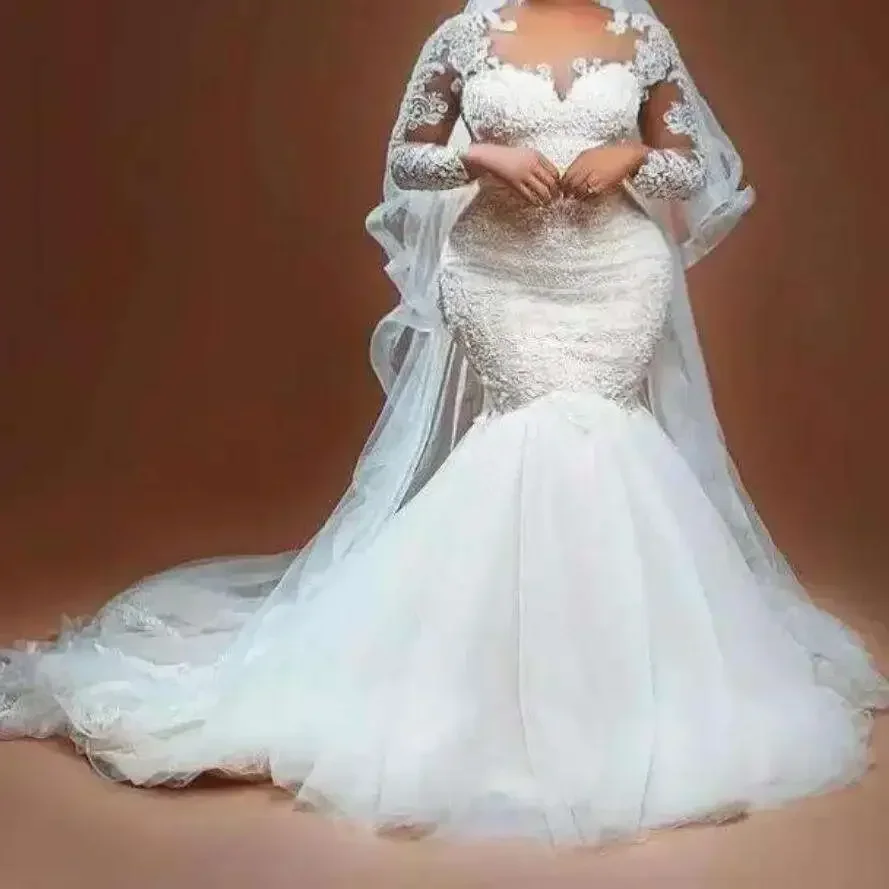 

Свадебное платье с кружевной аппликацией по индивидуальному заказу, свадебное платье с часовней и шлейфом, Vestidos De Novia, иллюзия, с длинными рукавами, Русалка, африканские свадебные платья