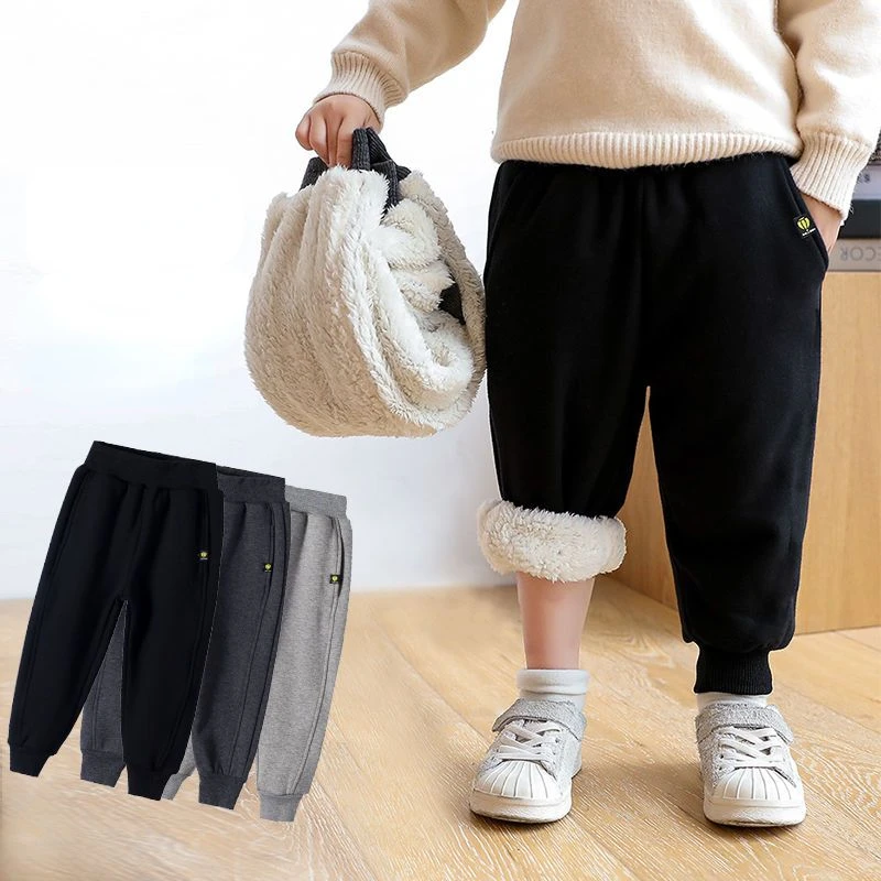 Winter Kids Fleece Cargo Pants Boys Thick Solid Jogger 1-12Y Young Children Clothes Autumn Warm Trousers Girls Casual Sweatpants