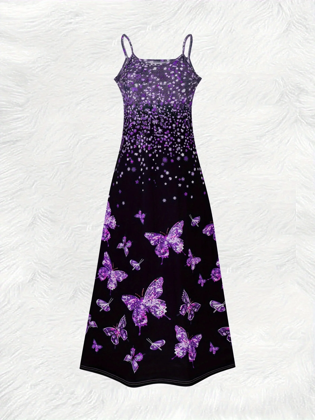 This round neck spaghetti strap maxi dress features a dazzling purple glitter butterfly print on a sleek black base. Soft and fl view 3