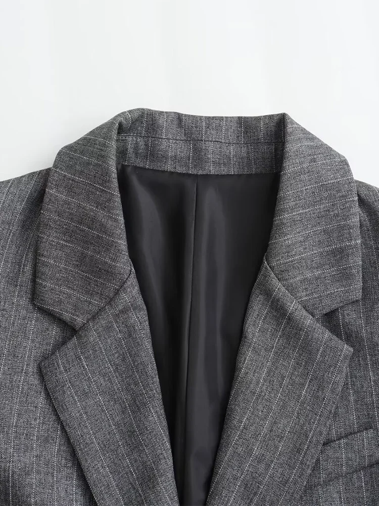 Women Fashion With Pockets Striped Single Breasted Blazer Vintage Notched Neck Long Sleeves Female Chic Lady Outfits