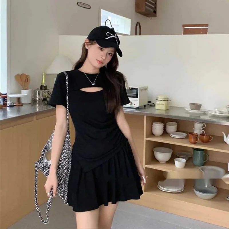 

2024 Summer New Age Reduction Fashion dress Irregular Flesh Hollow-Out T-Shirt Top For Women + Sports Skirt Two-Piece Set Tide