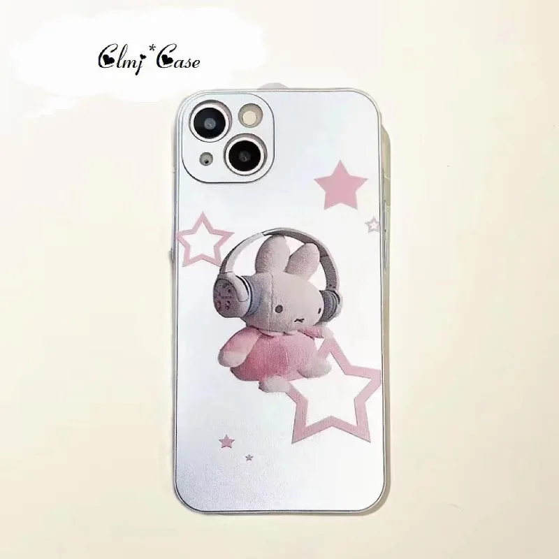 Clmj Rabbit Star Phone Case For iPhone 13 Mini 11 12 14 Pro XR X XS Max Se 2020 7 8 Plus Silicone Protective Plated Silver Cover