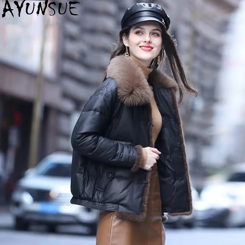 AYUNSUE Real Sheepskin Leather Down Jacket Women White Duck Down Coat Fox Fur Collar Fashion Ladies Winter Coats and Jackets