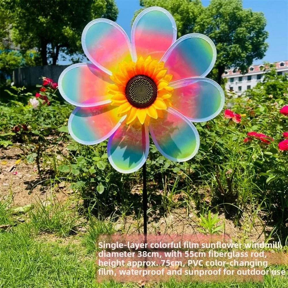 Moinho de vento de girassol multiestilos PVC mudança de cor estaca em pé gramado flor catavento diâmetro 38cm