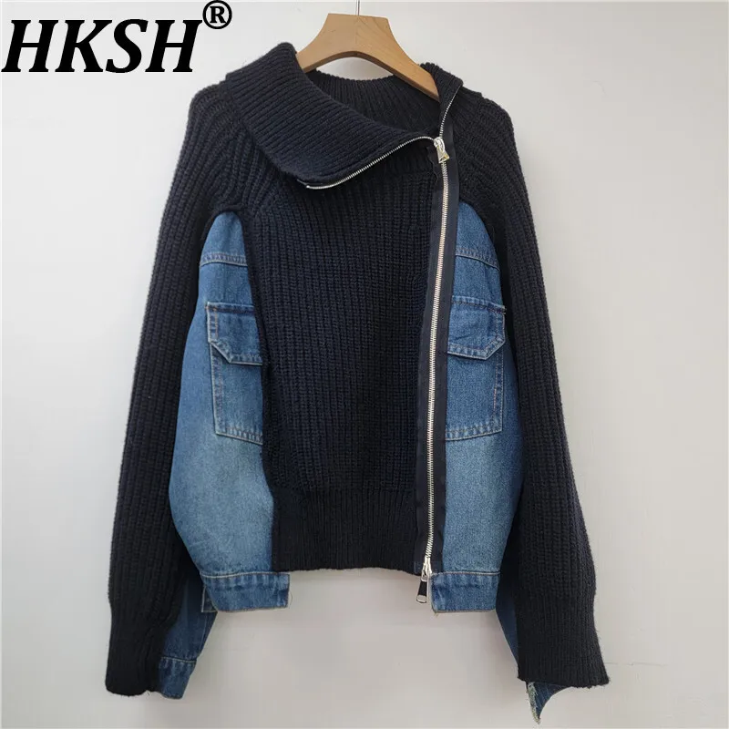

HKSH осень-зима новый женский свитер джинсовый лоскутный вязаный цветной блок на молнии элегантный повседневный универсальный шикарный топ Y2K HK16459