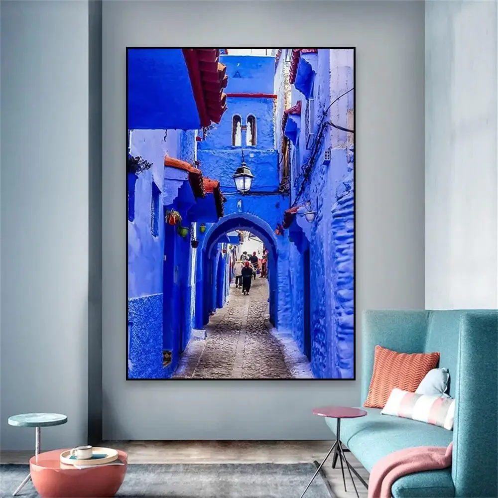 Canvas Painting Chefchaouen Blue City Poster Modern Morocco Travel Art Print Boho Blue Landscape Decor Office Home Wall Decor