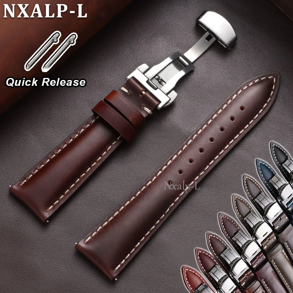 Bracelet de montre en cuir huilé pour Seiko et Omega, bracelet en cuir de veau cousu avec boucle papillon, 18mm 19mm 20mm 21mm 22mm