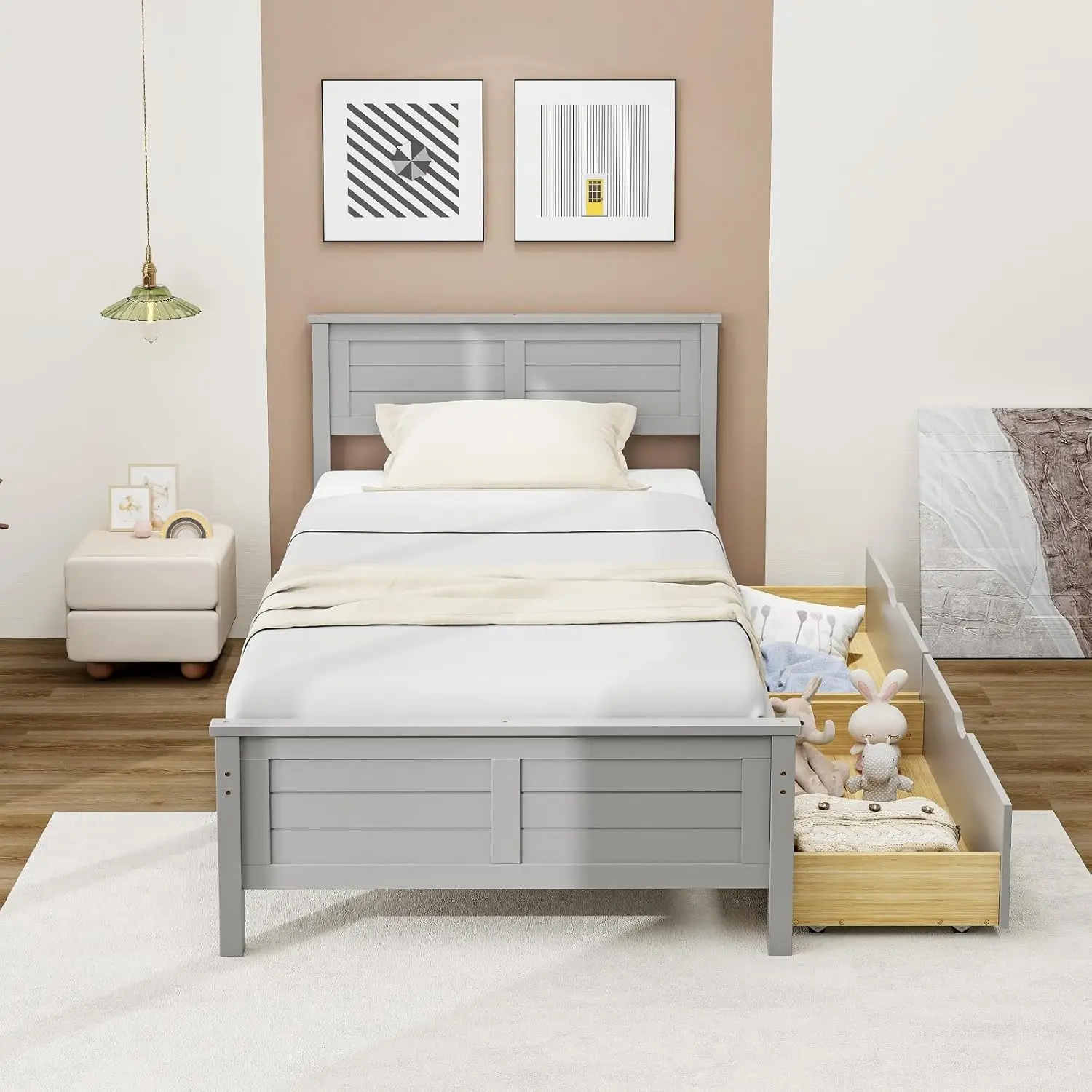 Cama doble de madera con 2 cajones de almacenamiento, cama con plataforma de madera maciza con cabecero, base de colchón de soporte de listones de madera, sin resortes