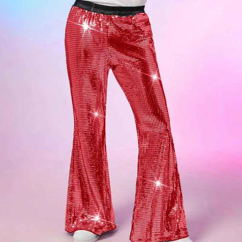 

Mens Silver Metallic Sequin Flared Pants Shiny Disco Bell Bottoms for Stage Performance Party Retro Bell Bottom Dance Costume
