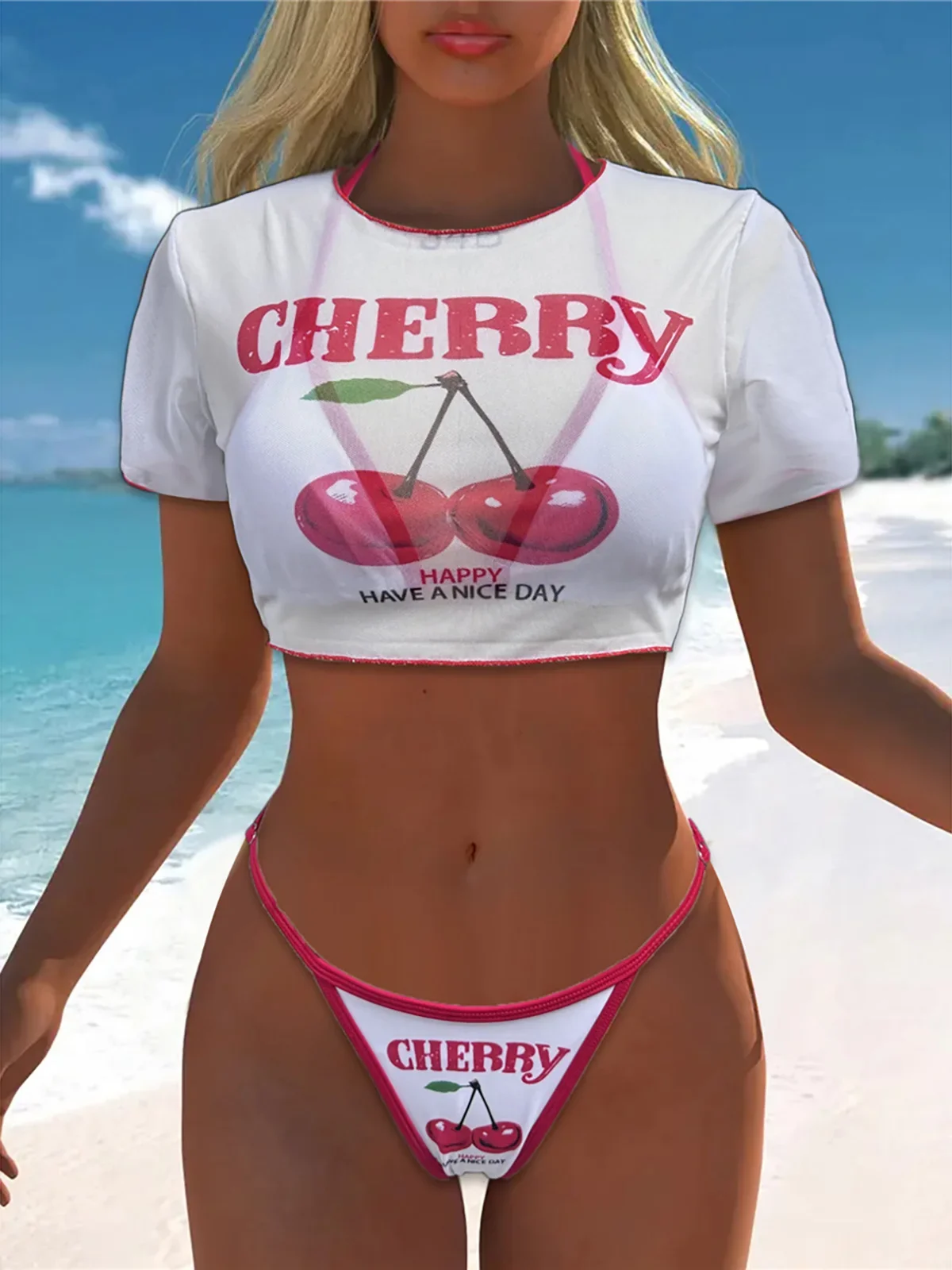

XS - L Cherry Printed Short Sleeve Bikini Female Swimsuit Women Swimwear Three-pieces Bikini set Bather Bathing Suit Swim K6854