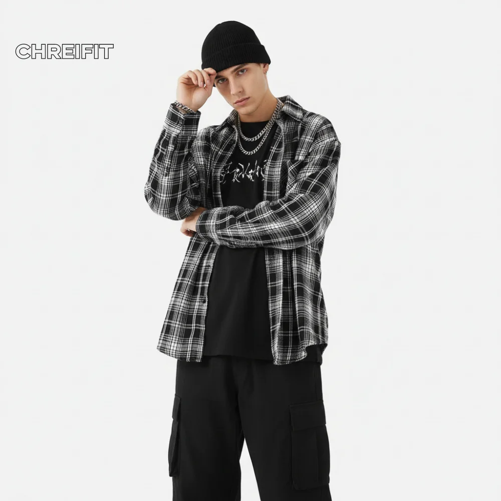 

CHREIFIT Мужская рубашка большого размера в клетку с длинным рукавом, повседневная уличная одежда, модный клетчатый топ на пуговицах, модная рубашка в стиле хип-хоп для мужчин