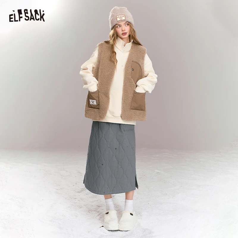 

ELFSACK Loose Casual Quilted Solid Large Pocket A Line Skirt For Women