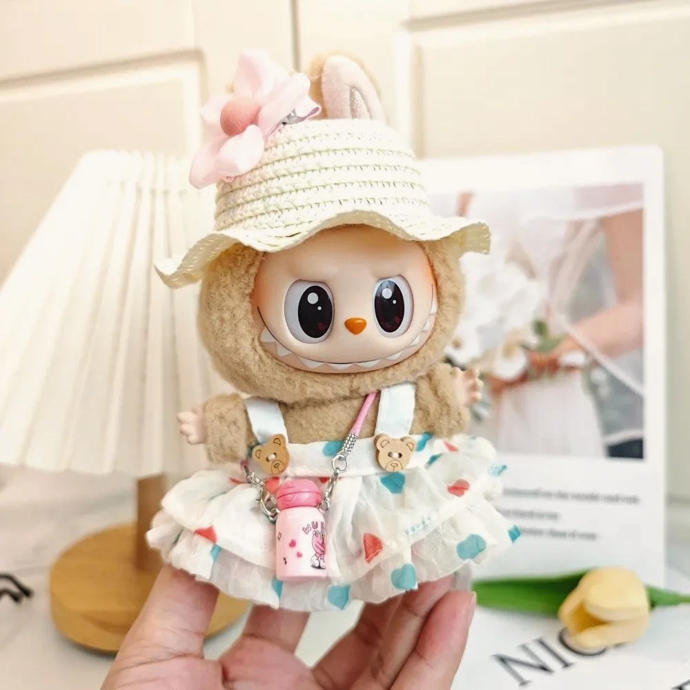 

17cm Labubu V2 V1 Doll Clothes Wrinkled Dress Knitted Straw Hat Vacation Style Labubu Clothes Ropa Labubu