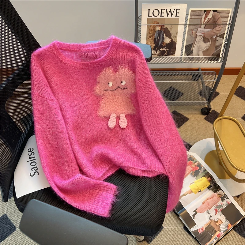 

Bomon ленивый свитер с круглым вырезом, мягкий восковой вышитый свитер монстра, милый женский осенний свитер 2024, новый свободный повседневный свитер, джемпер, топ