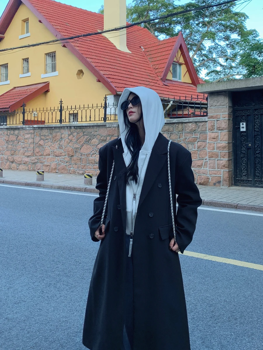 

SMBLRAIN Autumn Winter Double Breasted Long Coat Women's Slim Fit Suit Jaet Bla High End Feel Vintage Straight Cut