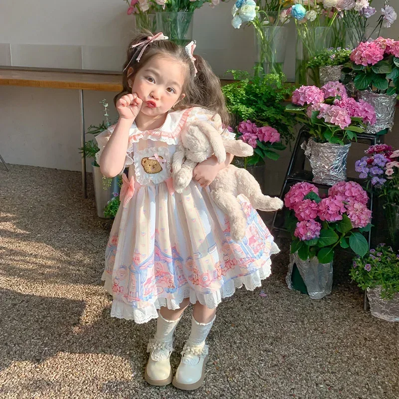 

2023 New Lolita Summer Kids Dress Children's Clothing For Girls Little Bear Bow Baby Clothes Princess Dress