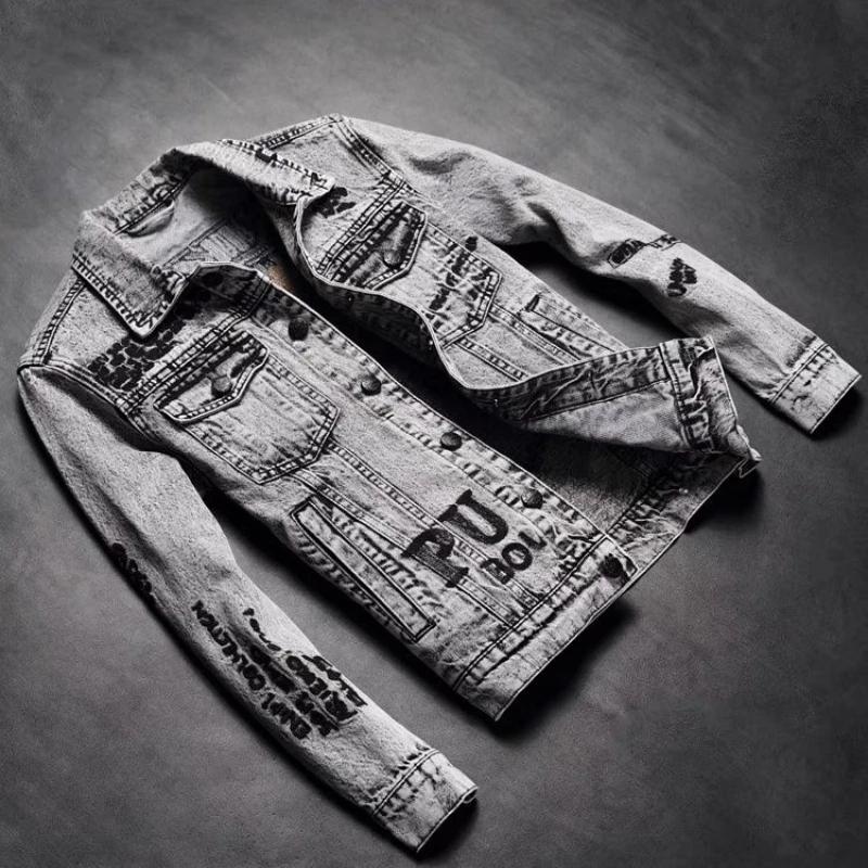 New Smoke Grey Denim Jacket for Men Autumn Embroidered Slim Fit Trendy Brand Youth Jacket Stylish Top view 3