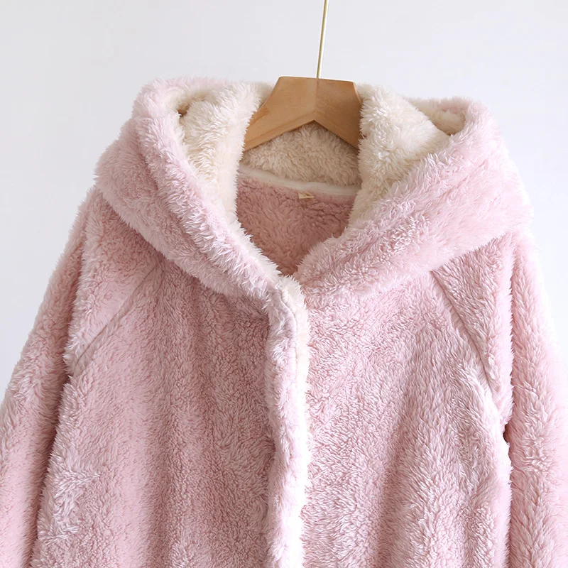 Thickened Coral Fleece Hooded Sleepwear Kimono Bathrobe Gown Winter Women Robe Nightgown Loose Warm Flannel Nightdress Home Wear