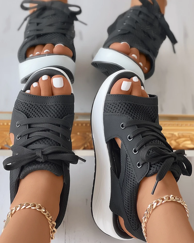 Summer Women Sandales Fashion Shoes Casual Flat Peep Toe Contrast Paneled Cutout Lace-up Muffin Sandals Platform Sport Sandalias