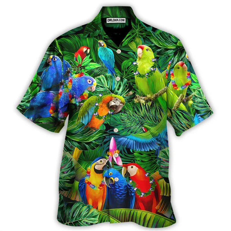 Hawaiian Beach Parrot Graphic Shirts For Men Clothing Fashion Hawaii Coconut Tree Animal 3D Printed Short Sleeve Vacation Tops