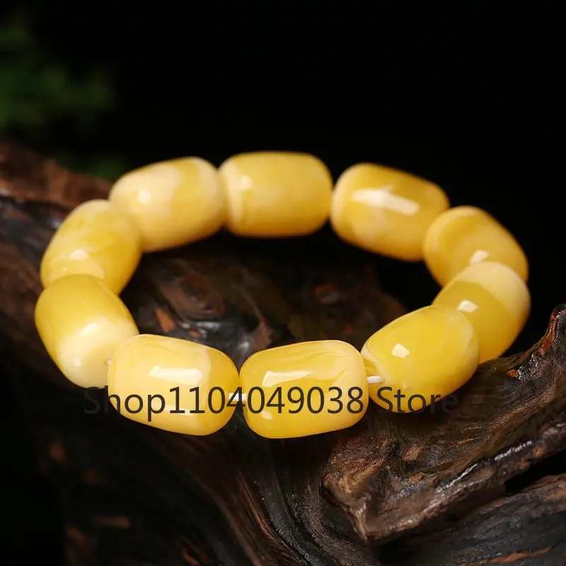 Natural Amber Honey Wax Bracelet Baltic Chicken Oil Yellow Barrel Bead Amber Bracelet Original Stone Men's and Women's Pendant