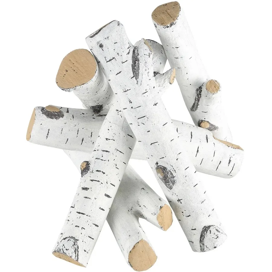 

6 Pcs Large Withe Birch Logs Gas Fireplace Ceramic Logs for Fire place HeatResistant Wood Log Gas Realistic Logs Stackable Woo