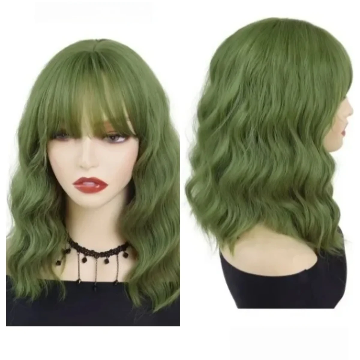 

Synthetic Green Wig with Bangs for Women Girls Cosplay Party Lolita Use Short Bob Wavy Curly Wig With Bangs Heat Resistant Fiber