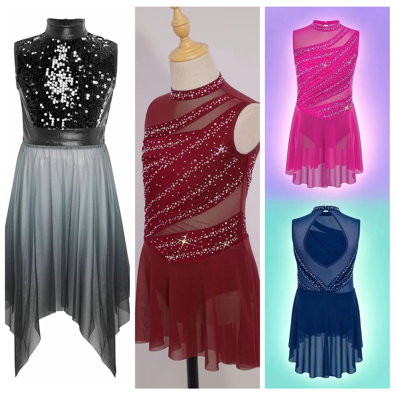Kids Girls Ballet Tutu Modern Lyrical Dance Dress Ballerina Outfit for Stage Performance Wear Roller Figure Ice Skating Costume