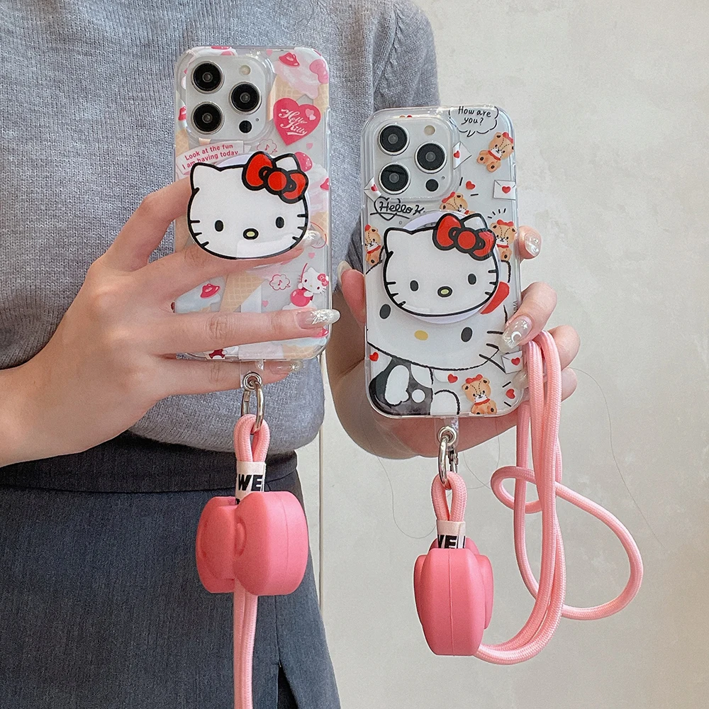 

Cute Sanrios Hello Kitty for Magsafe Magnetic Bracket Phone Case For iPhone 15 14 13 12 11 Pro Max Clear Back Cover With Lanyard